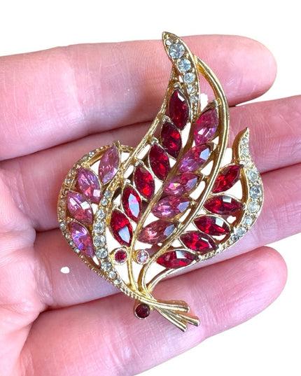 Elegant Vintage  Red & pink rhinestone crystal Gold finish floral Leaf Brooch