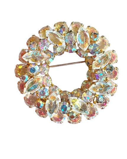 Elegant vintage AB light Champagne round wreath floral Crystal Brooch