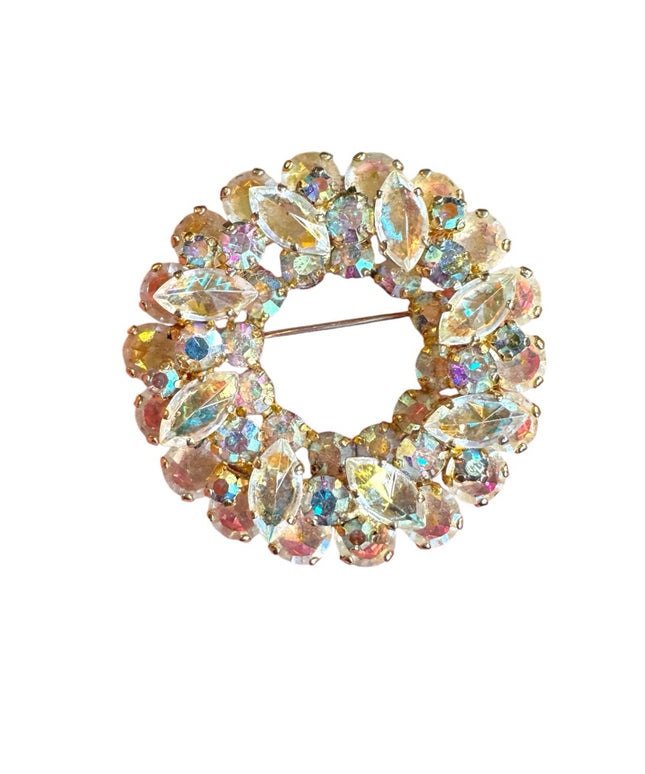 Elegant vintage AB light Champagne round wreath floral Crystal Brooch