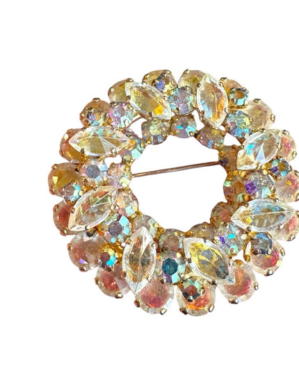 Elegant vintage AB light Champagne round wreath floral Crystal Brooch
