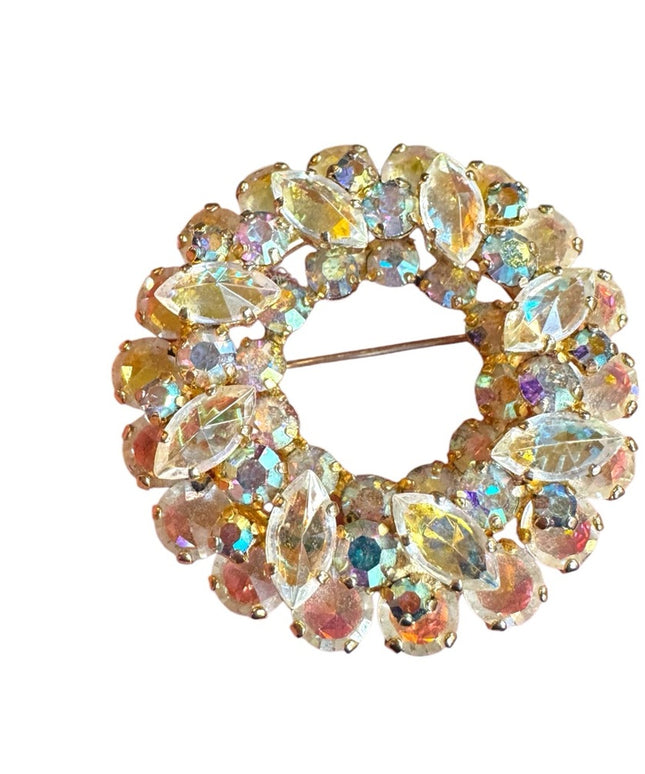 Elegant vintage AB light Champagne round wreath floral Crystal Brooch