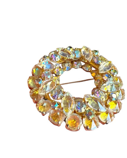 Elegant vintage AB light Champagne round wreath floral Crystal Brooch