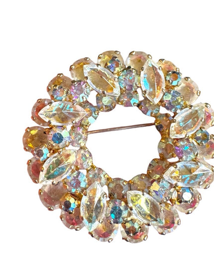 Elegant vintage AB light Champagne round wreath floral Crystal Brooch