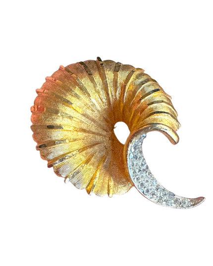 Vintage gold textured brushed fancy modernist rhinestone Spiral Brooch