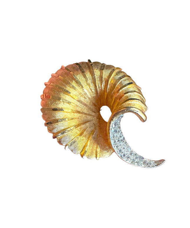 Vintage gold textured brushed fancy modernist rhinestone Spiral Brooch