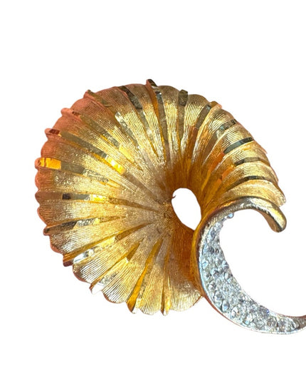 Vintage gold textured brushed fancy modernist rhinestone Spiral Brooch