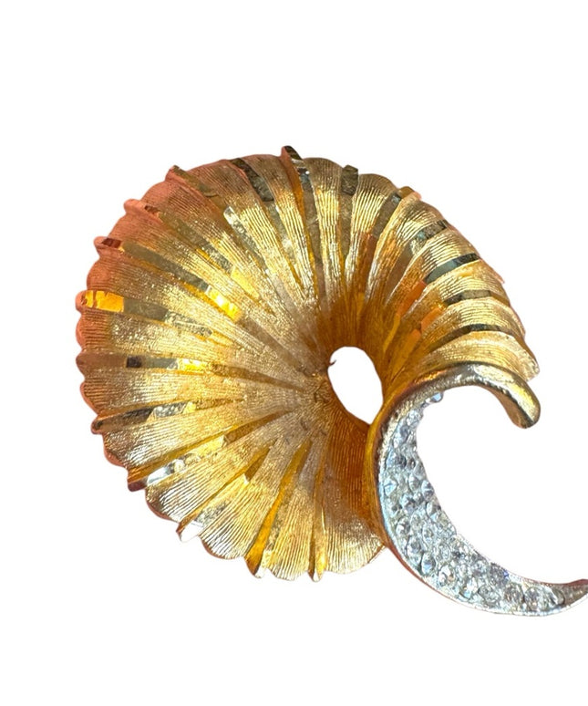 Vintage gold textured brushed fancy modernist rhinestone Spiral Brooch