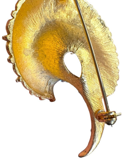 Vintage gold textured brushed fancy modernist rhinestone Spiral Brooch
