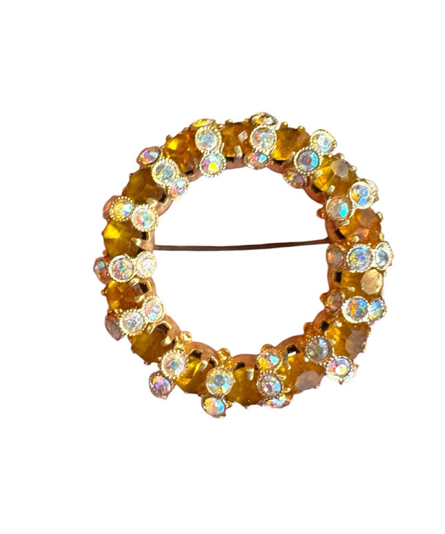 Elegant vintage round Amber color glass Crystal Brooch
