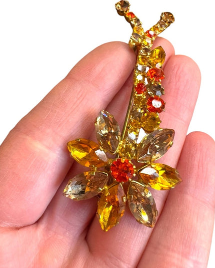 Elegant vintage Yellow and Orange Floral fancy crystal Brooch