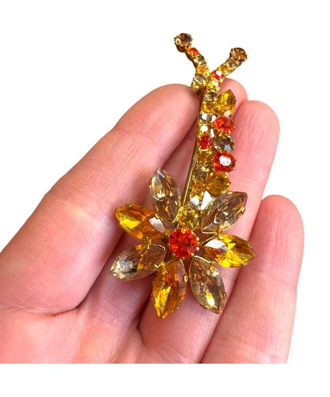 Elegant vintage Yellow and Orange Floral fancy crystal Brooch