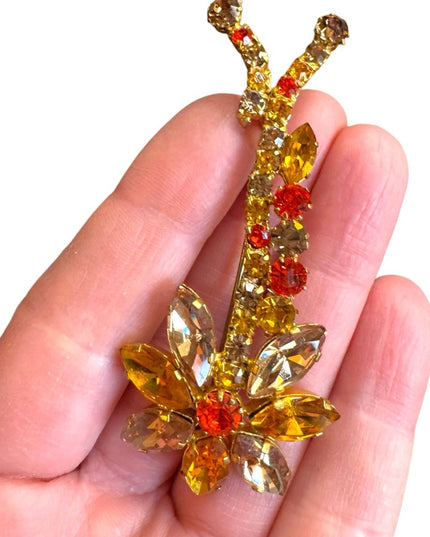 Elegant vintage Yellow and Orange Floral fancy crystal Brooch