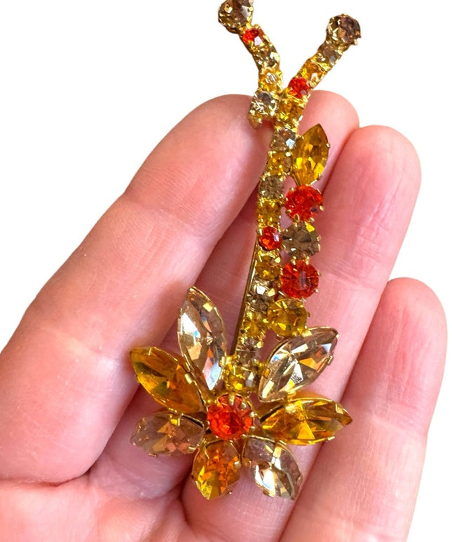 Elegant vintage Yellow and Orange Floral fancy crystal Brooch