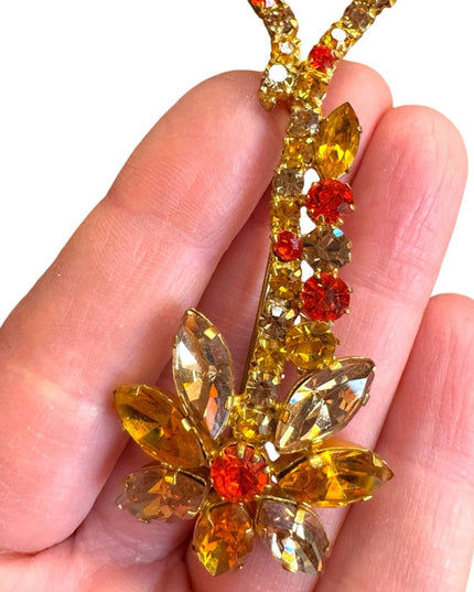 Elegant vintage Yellow and Orange Floral fancy crystal Brooch