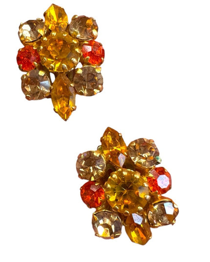 Vintage l1960s Floral oranges Crystal Earrings clipmon gold finish flower clip