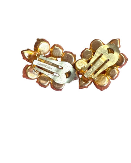 Vintage l1960s Floral oranges Crystal Earrings clipmon gold finish flower clip