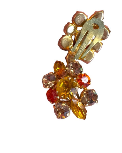 Vintage l1960s Floral oranges Crystal Earrings clipmon gold finish flower clip