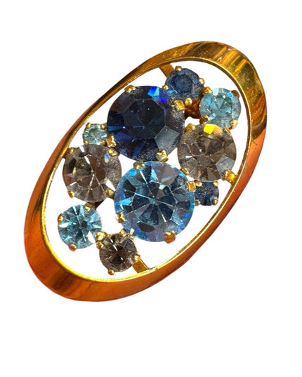Elegant vintage  Blue crystal oval  Women's brooch gold finish