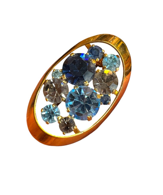Elegant vintage  Blue crystal oval  Women's brooch gold finish