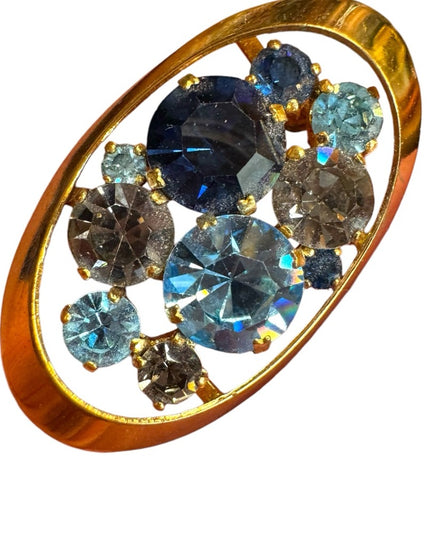 Elegant vintage  Blue crystal oval  Women's brooch gold finish