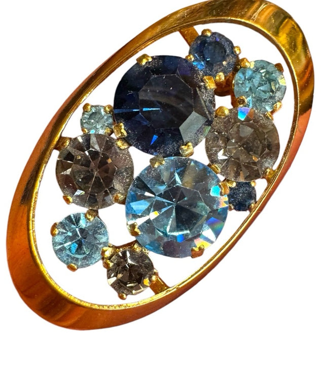 Elegant vintage  Blue crystal oval  Women's brooch gold finish