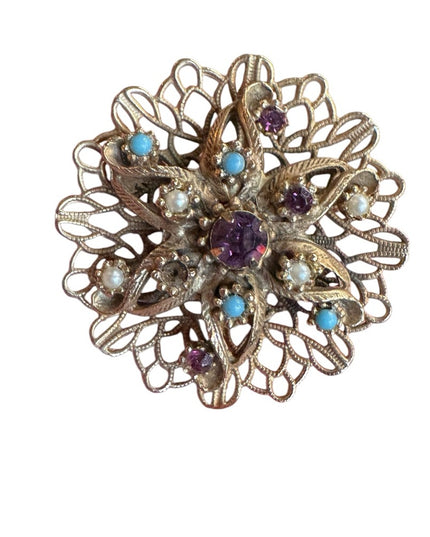 Elegant Vintage  Gold-Tone flower Brooch with Purple and Blue Accents