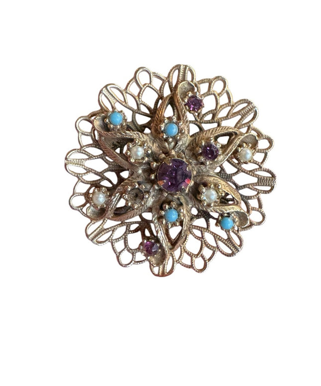 Elegant Vintage  Gold-Tone flower Brooch with Purple and Blue Accents