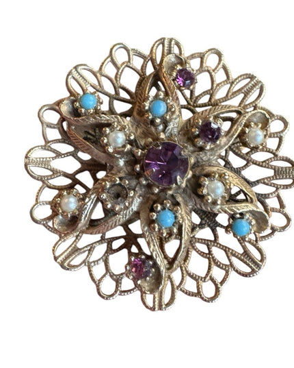 Elegant Vintage  Gold-Tone flower Brooch with Purple and Blue Accents
