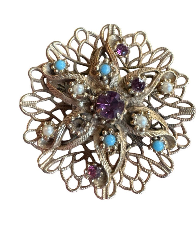 Elegant Vintage  Gold-Tone flower Brooch with Purple and Blue Accents