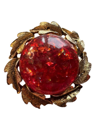 Vintage Red foil resin Brooch with Gold Leaf Accents