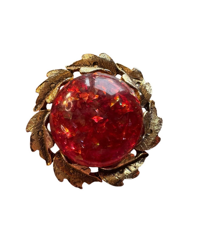 Vintage Red foil resin Brooch with Gold Leaf Accents