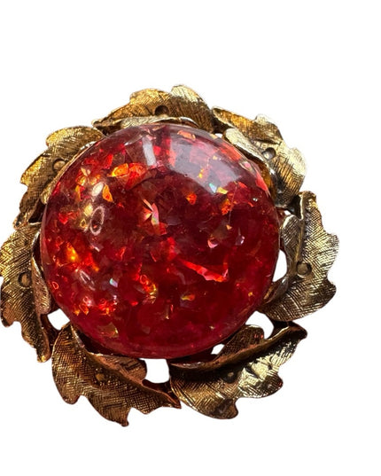 Vintage Red foil resin Brooch with Gold Leaf Accents