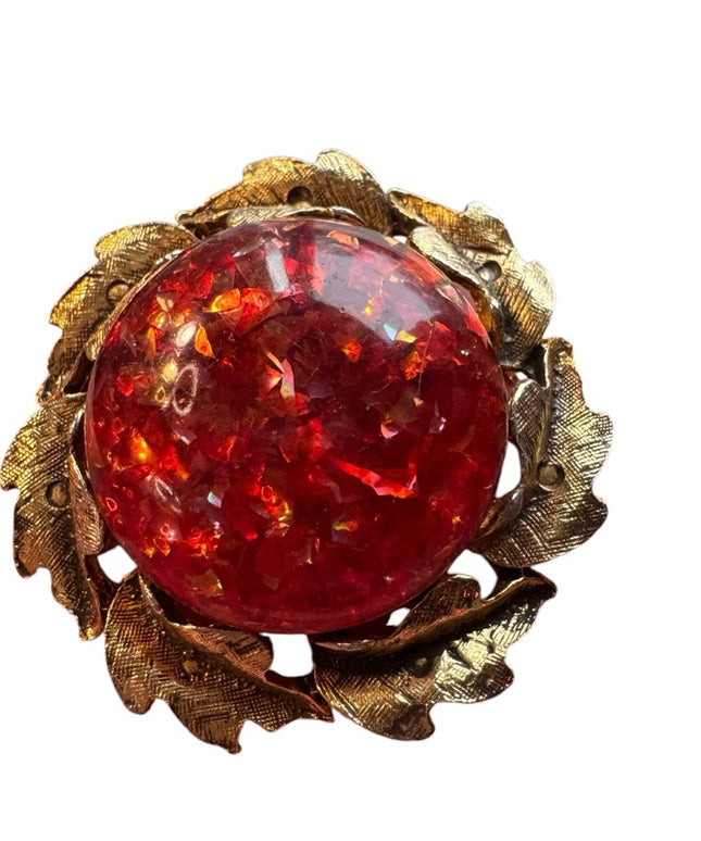 Vintage Red foil resin Brooch with Gold Leaf Accents