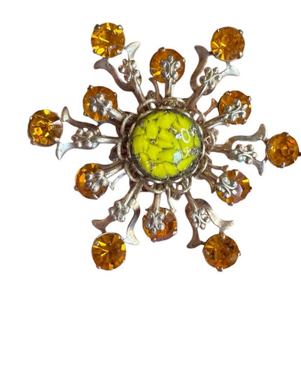 Vintage Floral Crystal glass CZECH  starburst Brooch gold finish 1940s