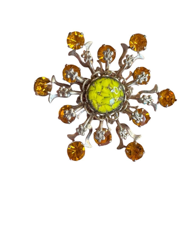 Vintage Floral Crystal glass CZECH  starburst Brooch gold finish 1940s