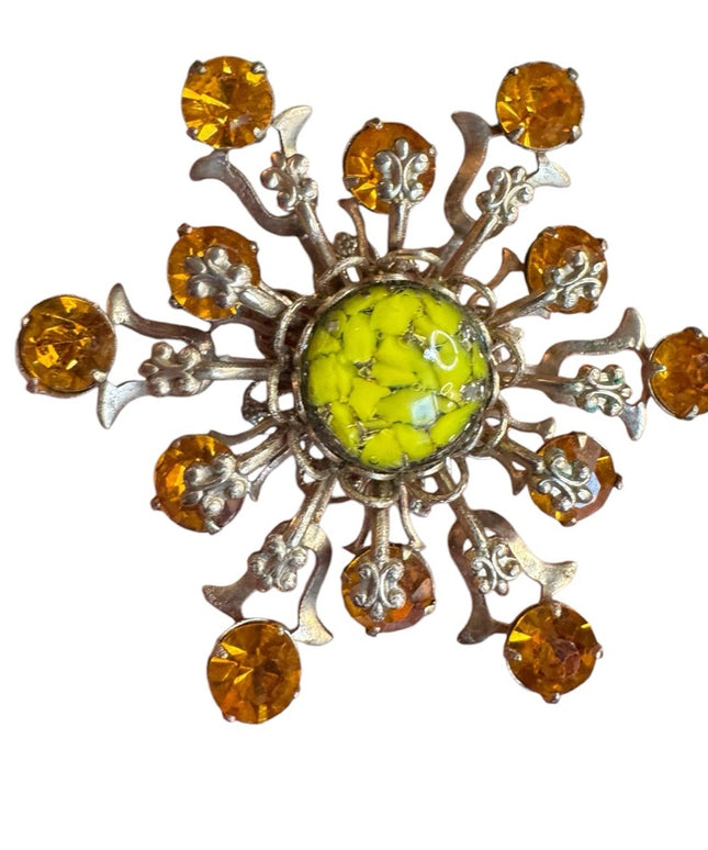 Vintage Floral Crystal glass CZECH  starburst Brooch gold finish 1940s
