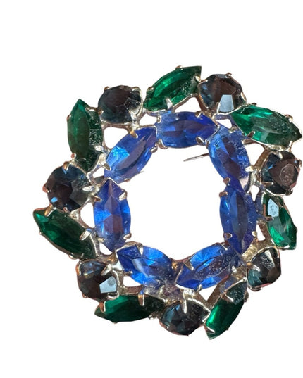 Elegant Vintage Blue and Green silver finish Juliana style crystal Brooch