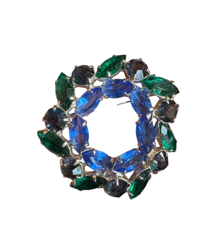 Elegant Vintage Blue and Green silver finish Juliana style crystal Brooch