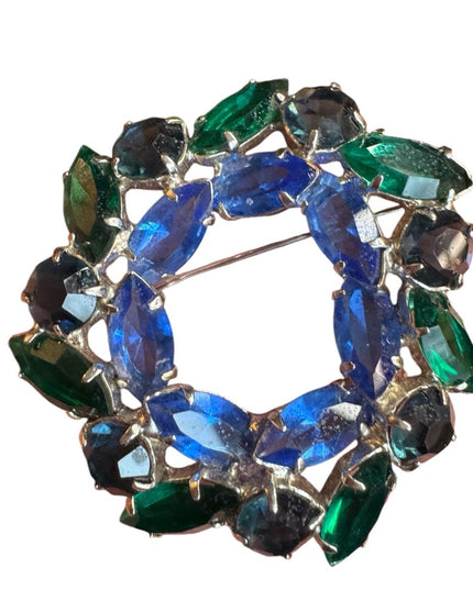 Elegant Vintage Blue and Green silver finish Juliana style crystal Brooch