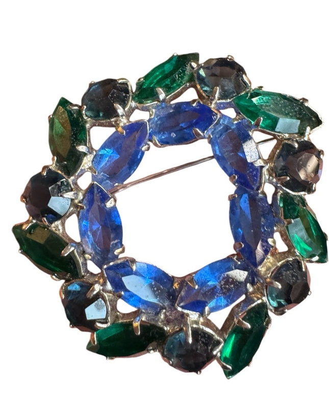 Elegant Vintage Blue and Green silver finish Juliana style crystal Brooch