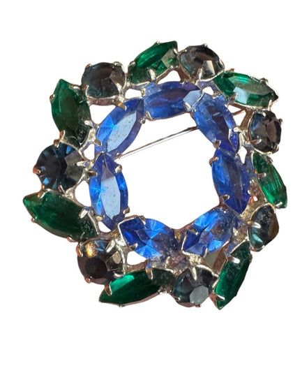 Elegant Vintage Blue and Green silver finish Juliana style crystal Brooch