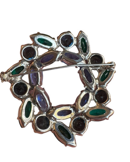 Elegant Vintage Blue and Green silver finish Juliana style crystal Brooch