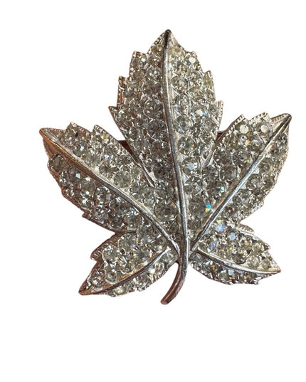 Sparkling Vintage Keyes Silver finish cryztal Maple leaf Brooch