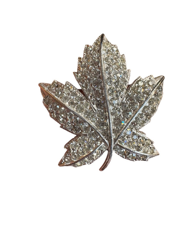 Sparkling Vintage Keyes Silver finish cryztal Maple leaf Brooch