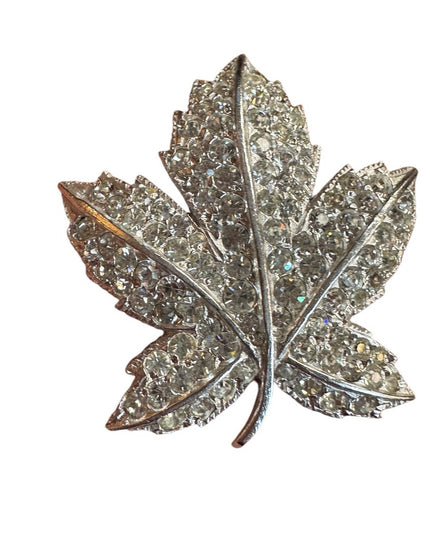 Sparkling Vintage Keyes Silver finish cryztal Maple leaf Brooch