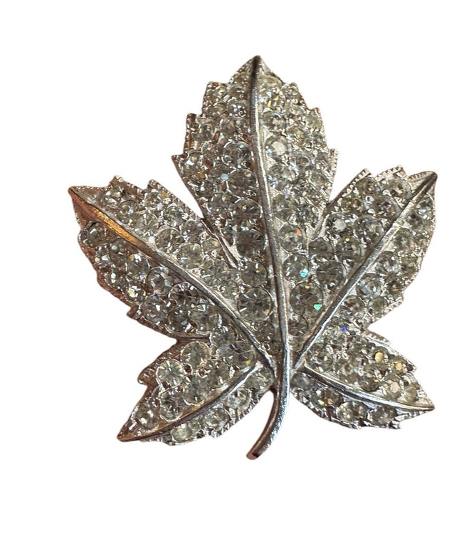 Sparkling Vintage Keyes Silver finish cryztal Maple leaf Brooch