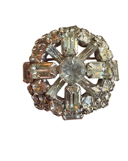 Elegant Vintage 1950s  Silver finish domed Crystal Brooch