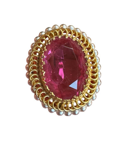 Elegant Vintage Pink crystal  & pearl Gold finish Statement brooch