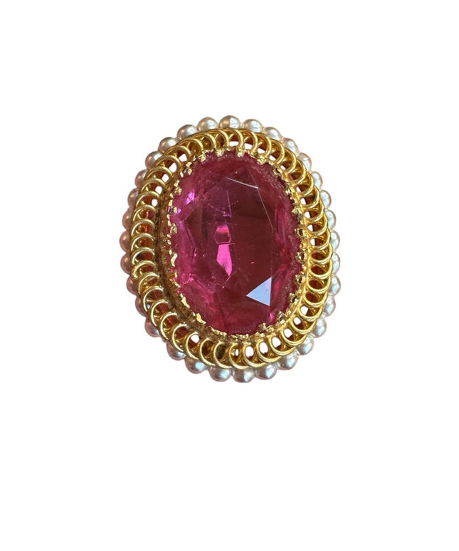 Elegant Vintage Pink crystal  & pearl Gold finish Statement brooch