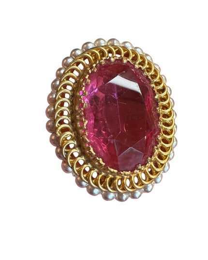 Elegant Vintage Pink crystal  & pearl Gold finish Statement brooch